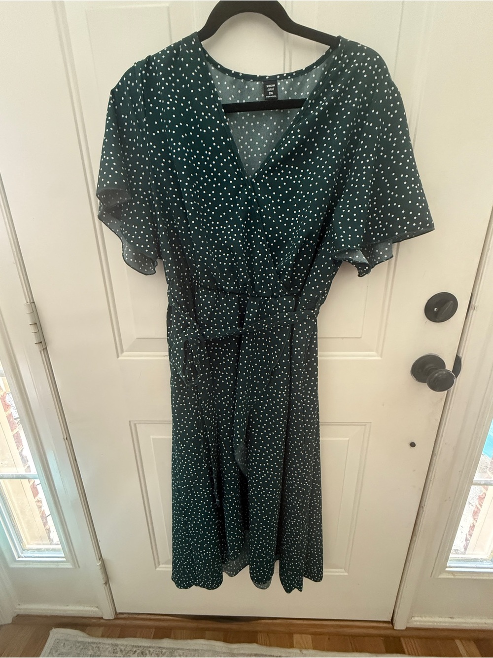SHEIN Dark Green Polka Dot Wrap-Style Midi Dress